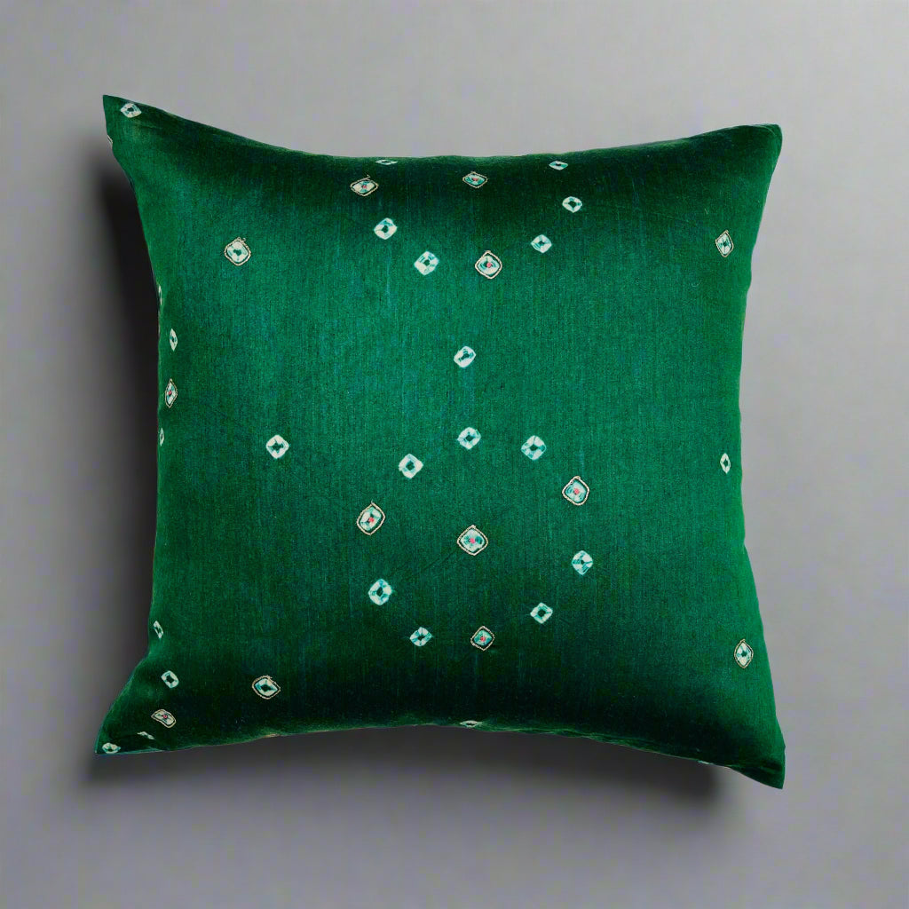 Chaaya Cushion Cover 16×16 – Green Silk & Cotton Bandhani Decorative Throw Pillow