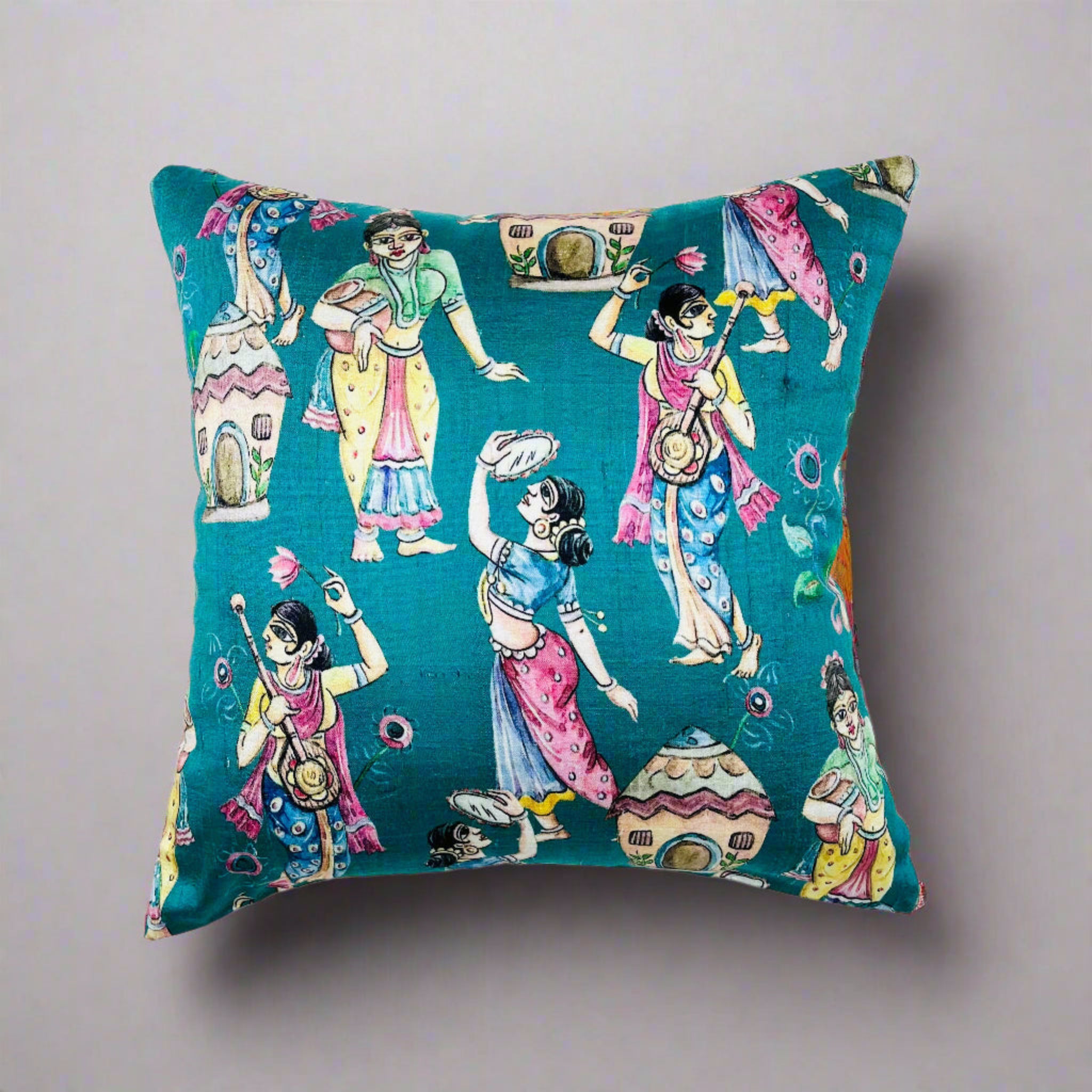 Naari Cushion Cover 16×16 – Teal Silk & Ivory Cotton Women Dance Decorative Throw Pillow