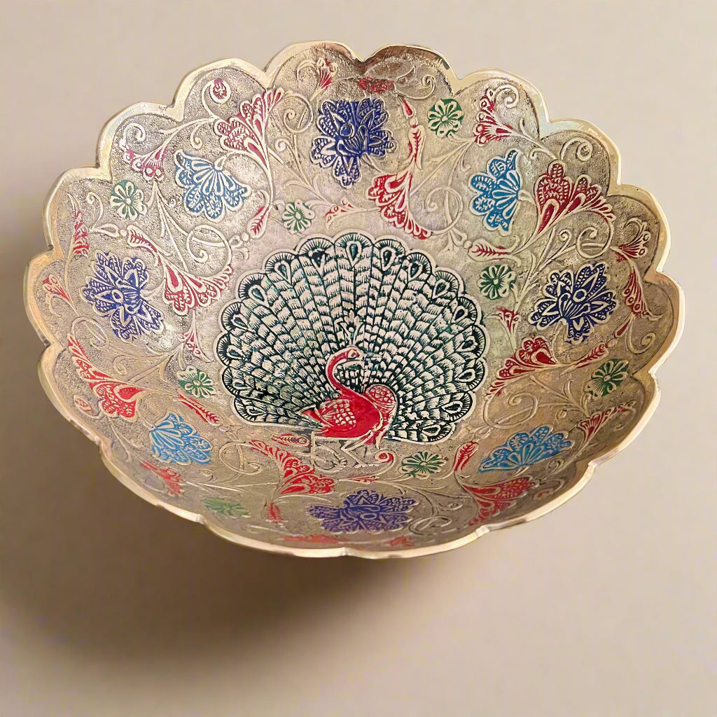 Peacock & Floral Decorative Brass Bowl