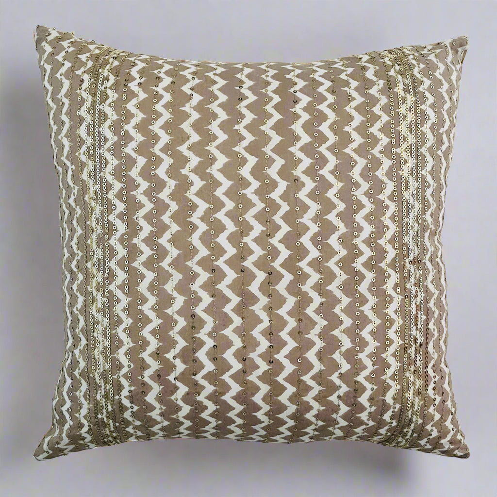Sitara Cushion Cover 16×16 – Beige Cotton with Sequins Chevron Pattern Decorative Pillow