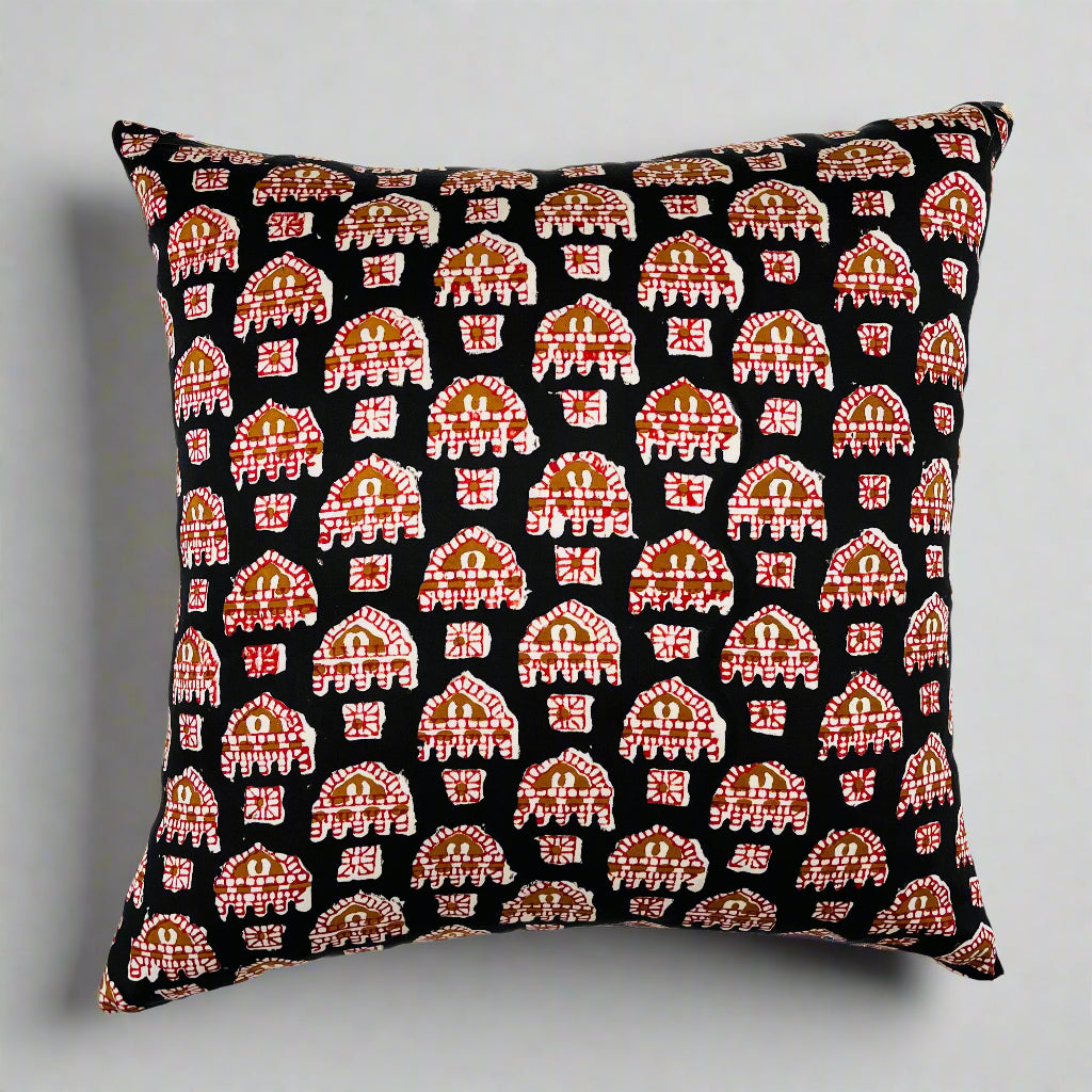 Mandap Cushion Cover 16×16 – Black Satin Silk & Peachy Coral Cotton Decorative Throw Pillow