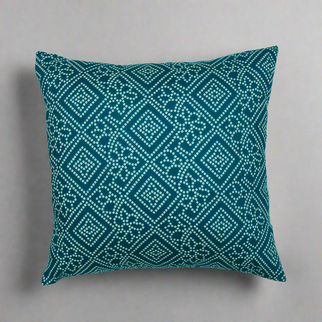 Raheli Cushion Cover 16×16 – Teal Bandhani Cotton-Silk Decorative Throw Pillow
