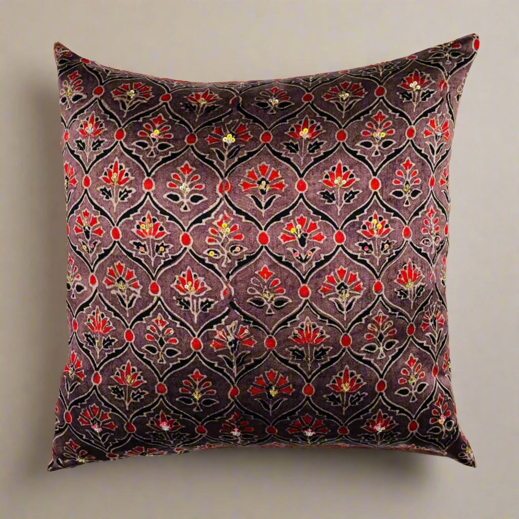 Jharokha Cushion Cover 16x16 – Brown Mashru Silk & Red Cotton Decorative Throw Pillow