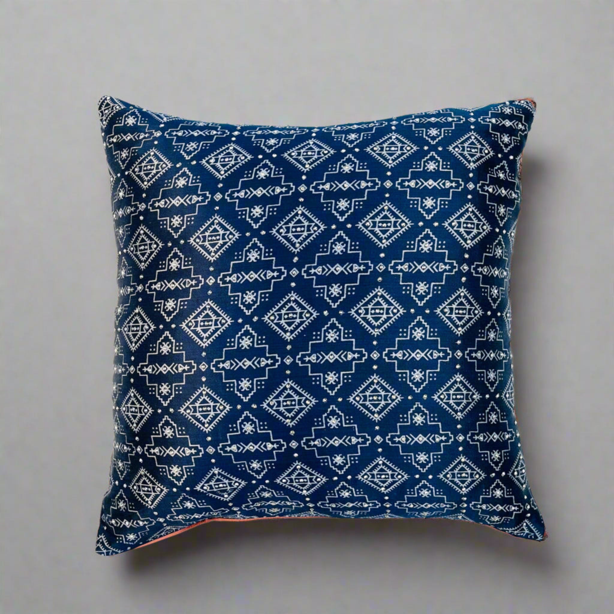 Neelakar Cushion Cover 16×16 – Indigo Mashroo & Burnt Sienna Cotton Decorative Pillow