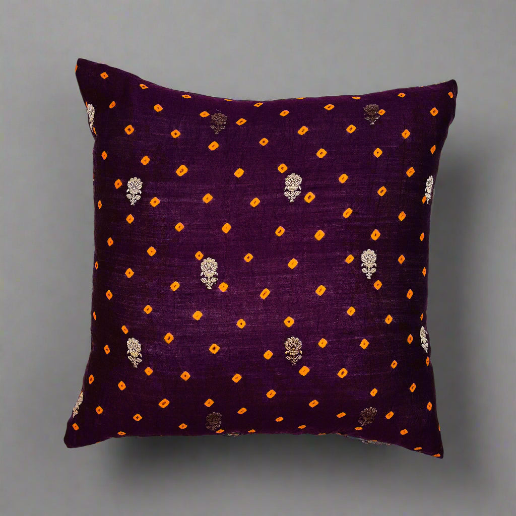 Baadli Cushion Cover 16×16 – Plum Bandhani Silk-Cotton Blend & Brown Cotton Decorative Pillow