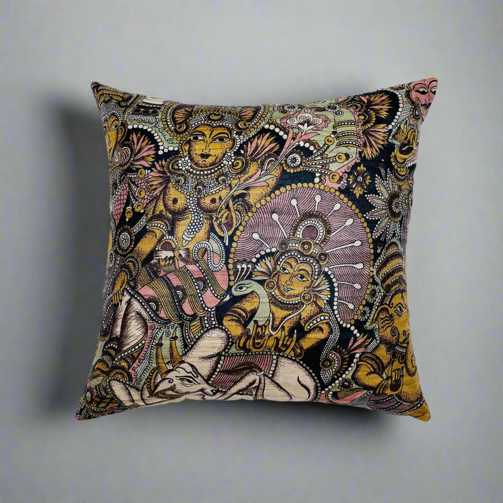 Ganesha Cushion Cover 16×16 – Black Tussar Silk & Cotton Decorative Throw Pillow
