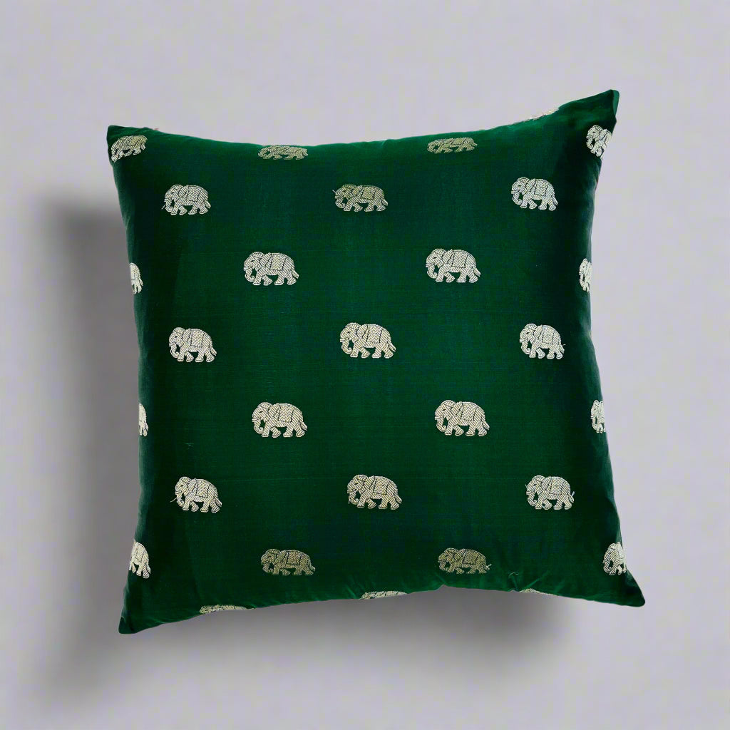 Elephant Cushion Cover 16x16 – Green Silk & Cotton Decorative Throw Pillow