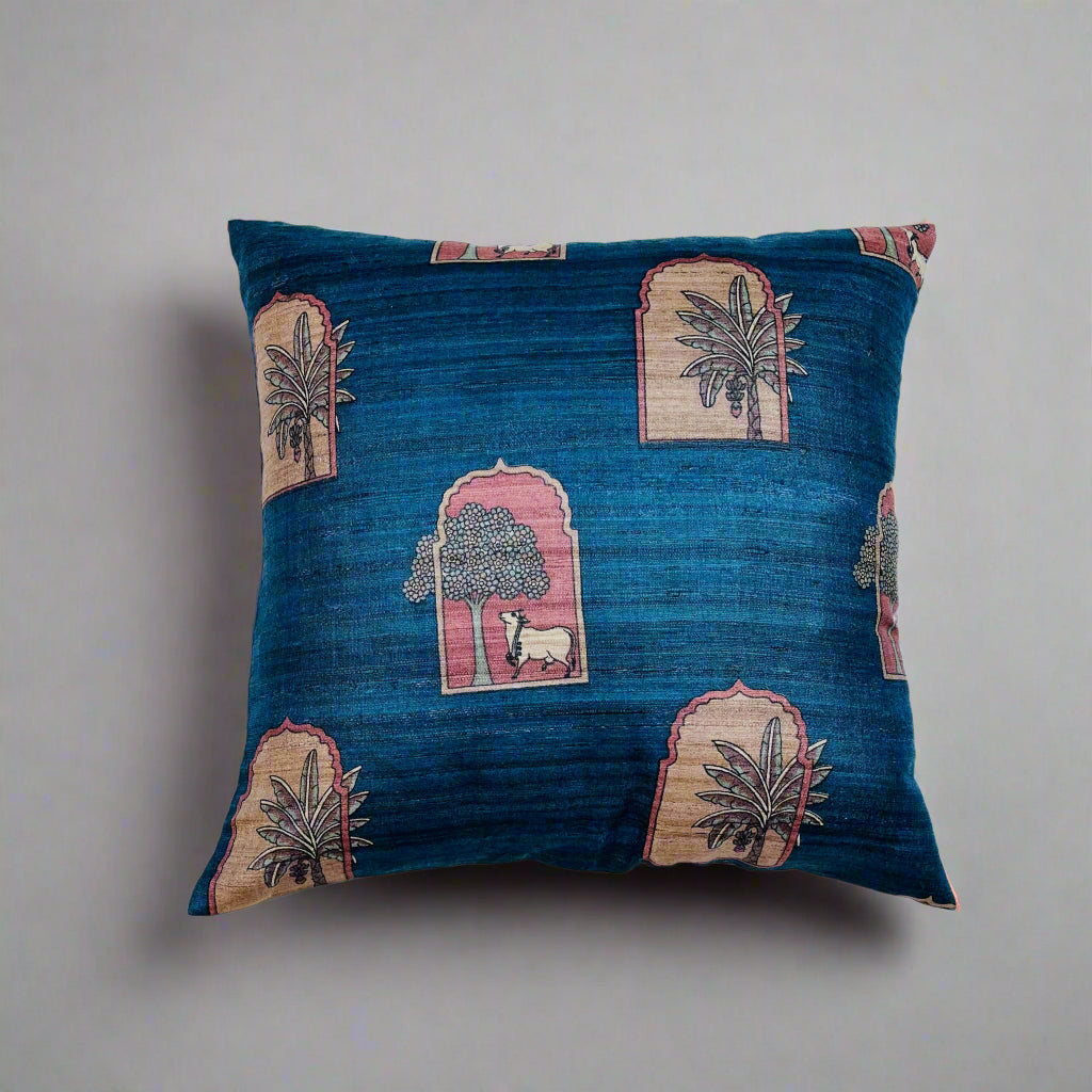 Vrindavan Cushion Cover 16×16 – Deep Blue Silk & Cotton Krishna Cow Decorative Throw Pillow