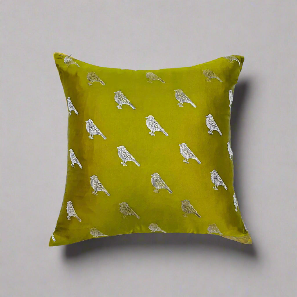 Bird Cushion Cover 16x16 – Green Silk & Cotton Decorative Throw Pillow