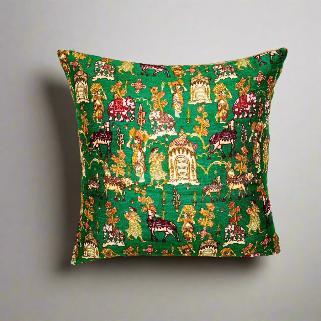 Vanvasi Cushion Cover 16×16 – Green Silk & Mustard Cotton Decorative Throw Pillow