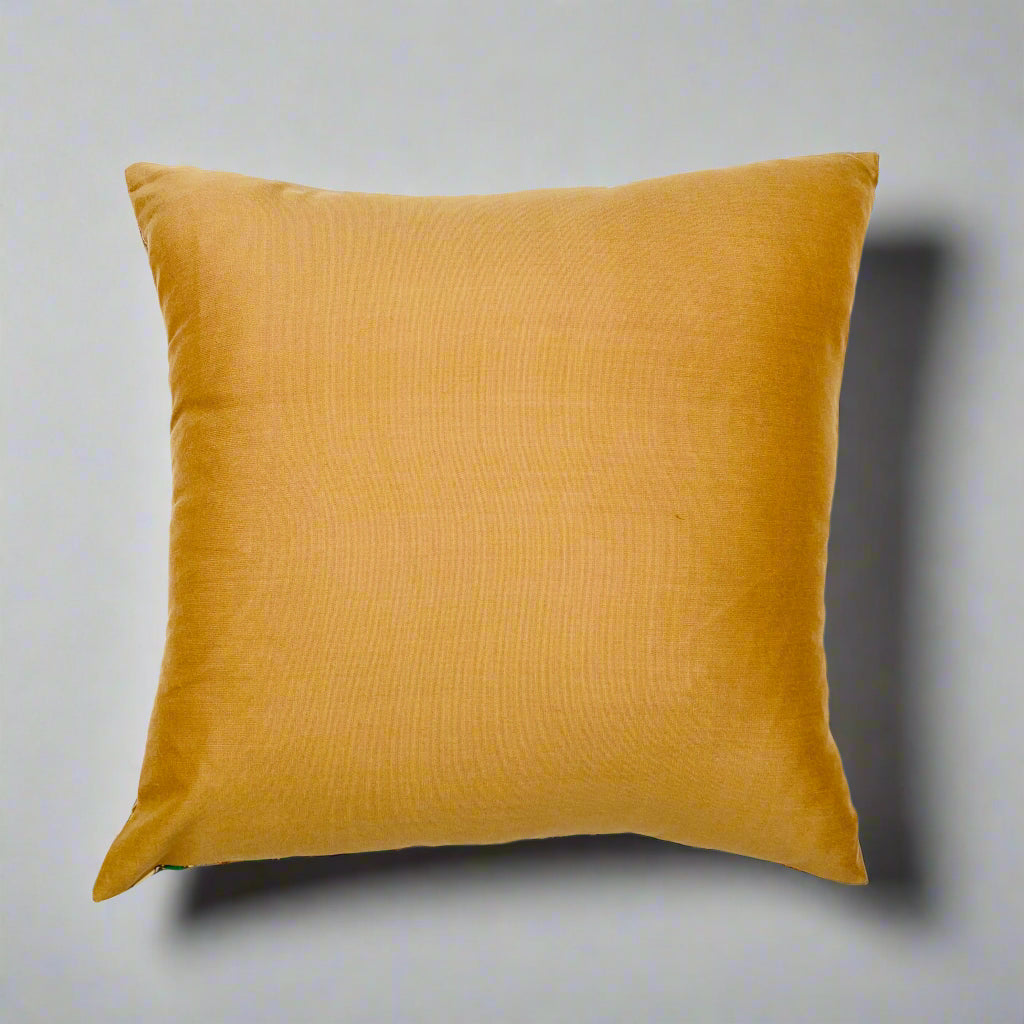 Vanvasi Cushion Cover 16×16 – Green Silk & Mustard Cotton Decorative Throw Pillow