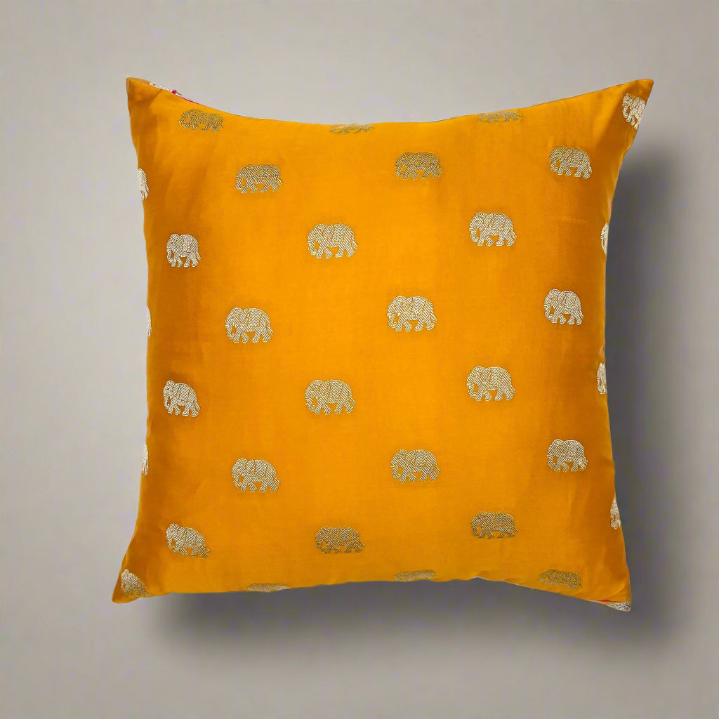 Elephant Cushion Cover 16x16 – Mustard Yellow Silk & Cotton Decorative Throw Pillow