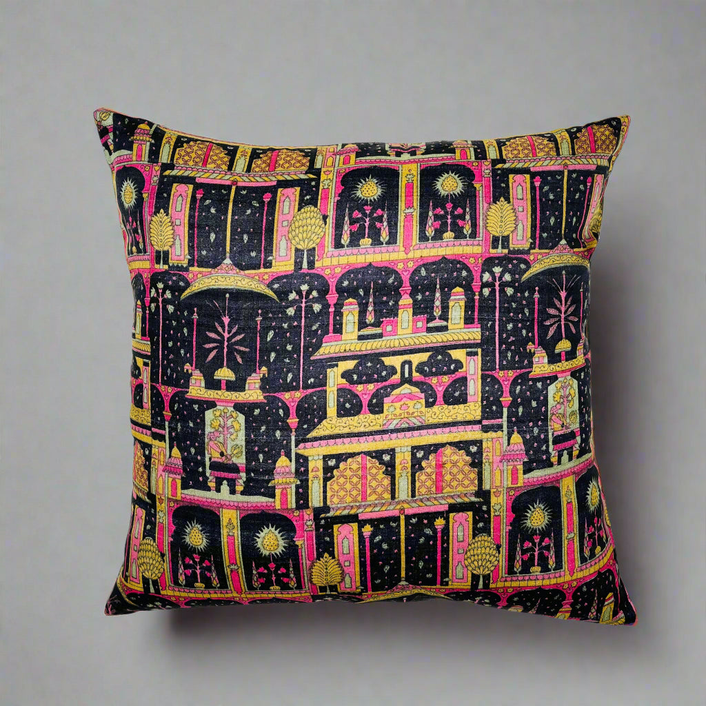 Chandni Mahal Cushion Cover 16×16 – Black Silk & Green Cotton Decorative Pillow