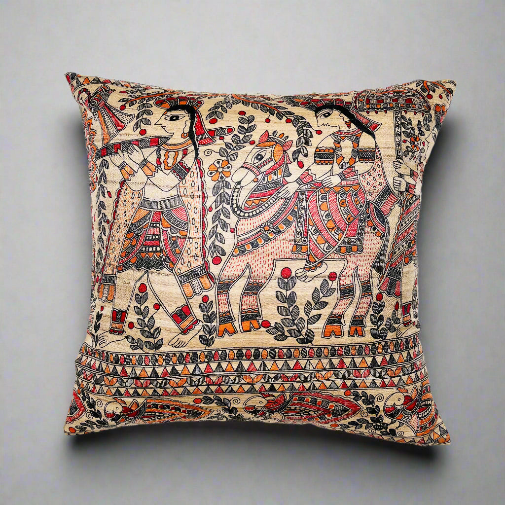 Saanjh Cushion Cover 16×16 – Tussar Silk & Cotton Wedding Doli Decorative Pillow