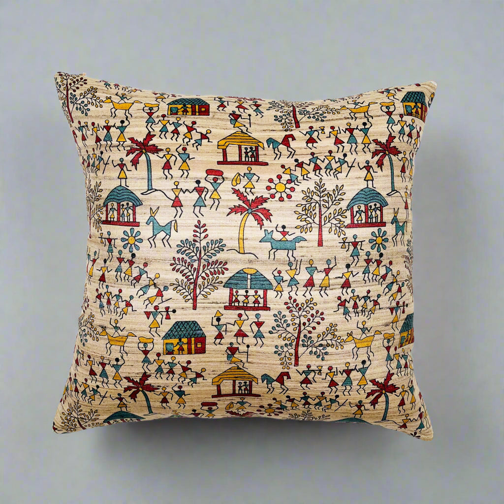 Aangan Cushion Cover 16×16 – Beige Silk & Cotton Village Decorative Throw Pillow