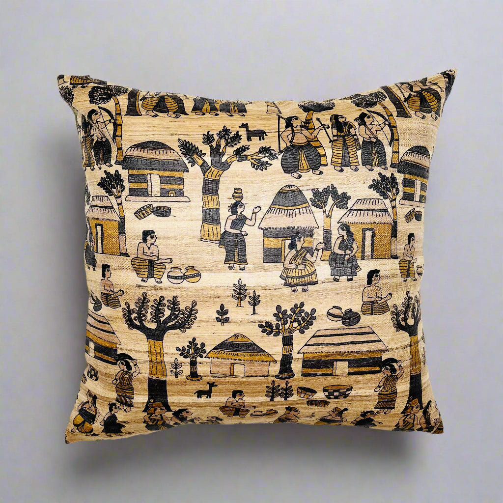 Vanvaas Cushion Cover 16×16 – Earthy Beige Silk & Black Cotton Mythological Decorative Throw Pillow