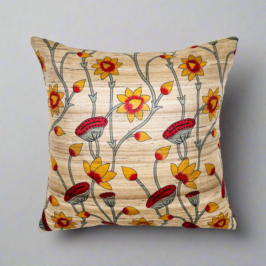 Sunflower Cushion Cover 16×16 – Tussar Silk & Cotton Floral Decorative Throw Pillow