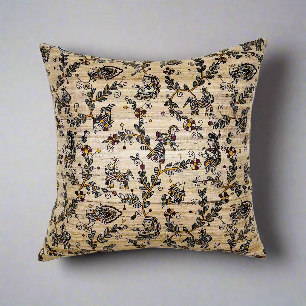 Peacock Cushion Cover 16x16 – Beige Tussar Silk & Cotton Folk Art Decorative Throw Pillow