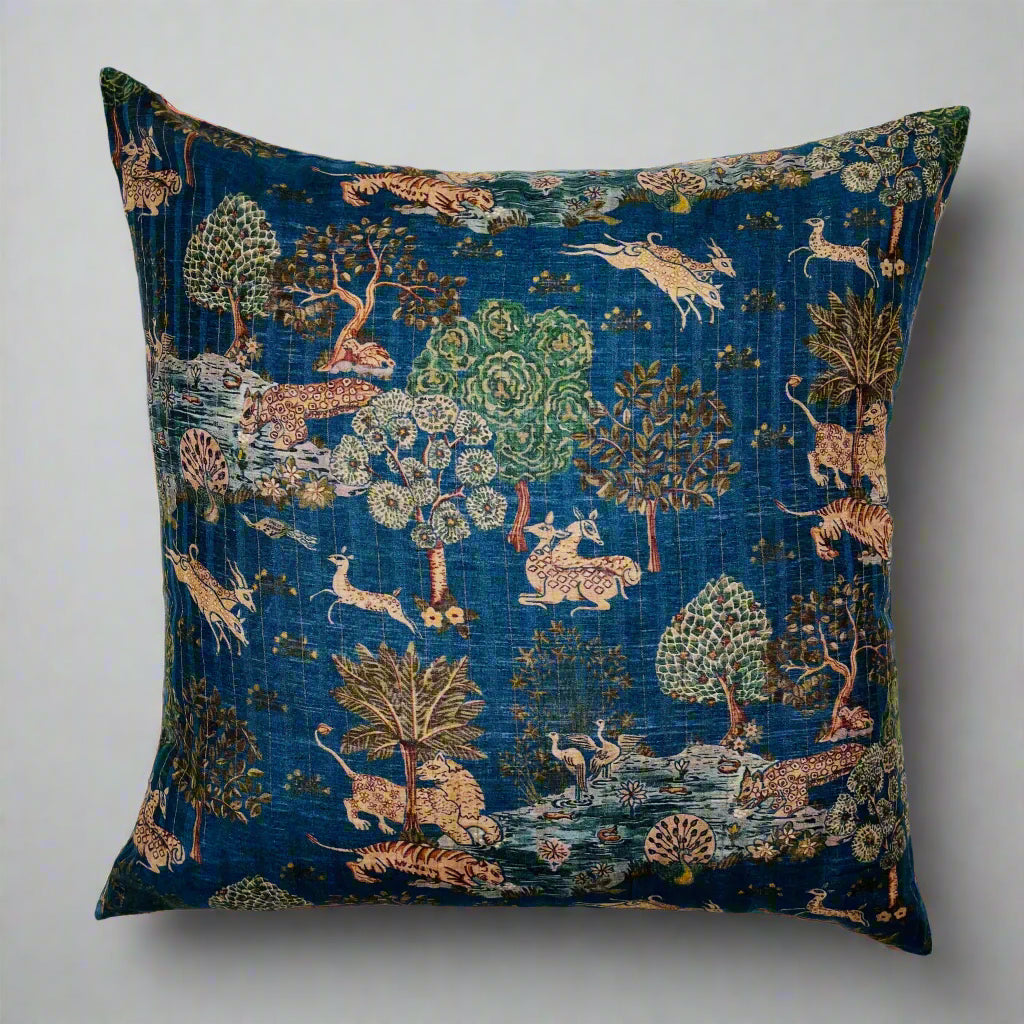 Tigress Cushion Cover – 16x16 Blue Silk & Cotton Jungle Decorative Throw Pillow