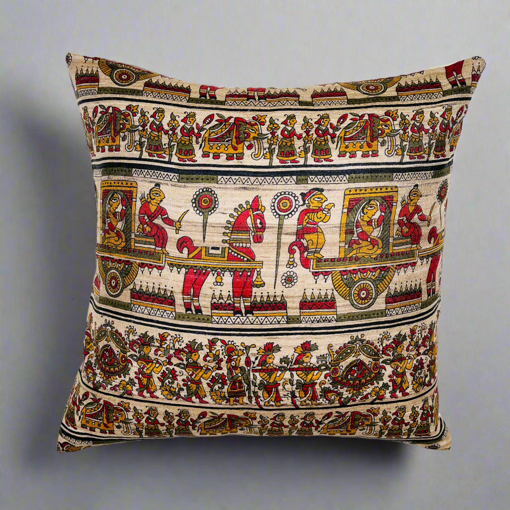 Rathyatra Cushion Cover 16×16 – Beige Silk & Cotton Decorative Throw Pillow