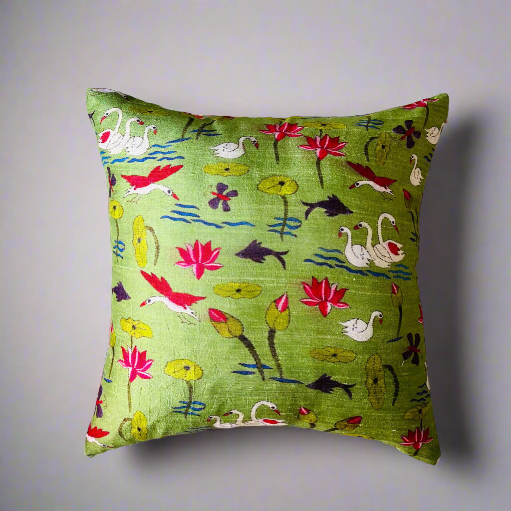 Hamsa Cushion Cover 16×16 – Green Tussar Silk & Cotton Decorative Throw Pillow