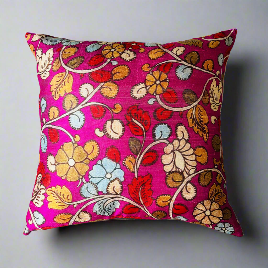 Bahar Cushion Cover 16×16 – Magenta Tussar Silk & Cotton Floral