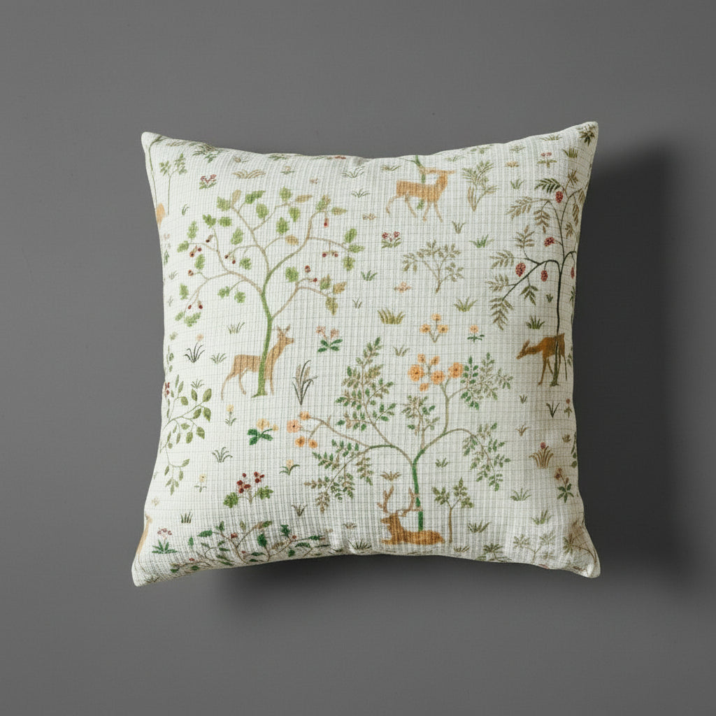 Woodland Deer Cushion Cover 16×16 – Ivory Cotton & Mahroom