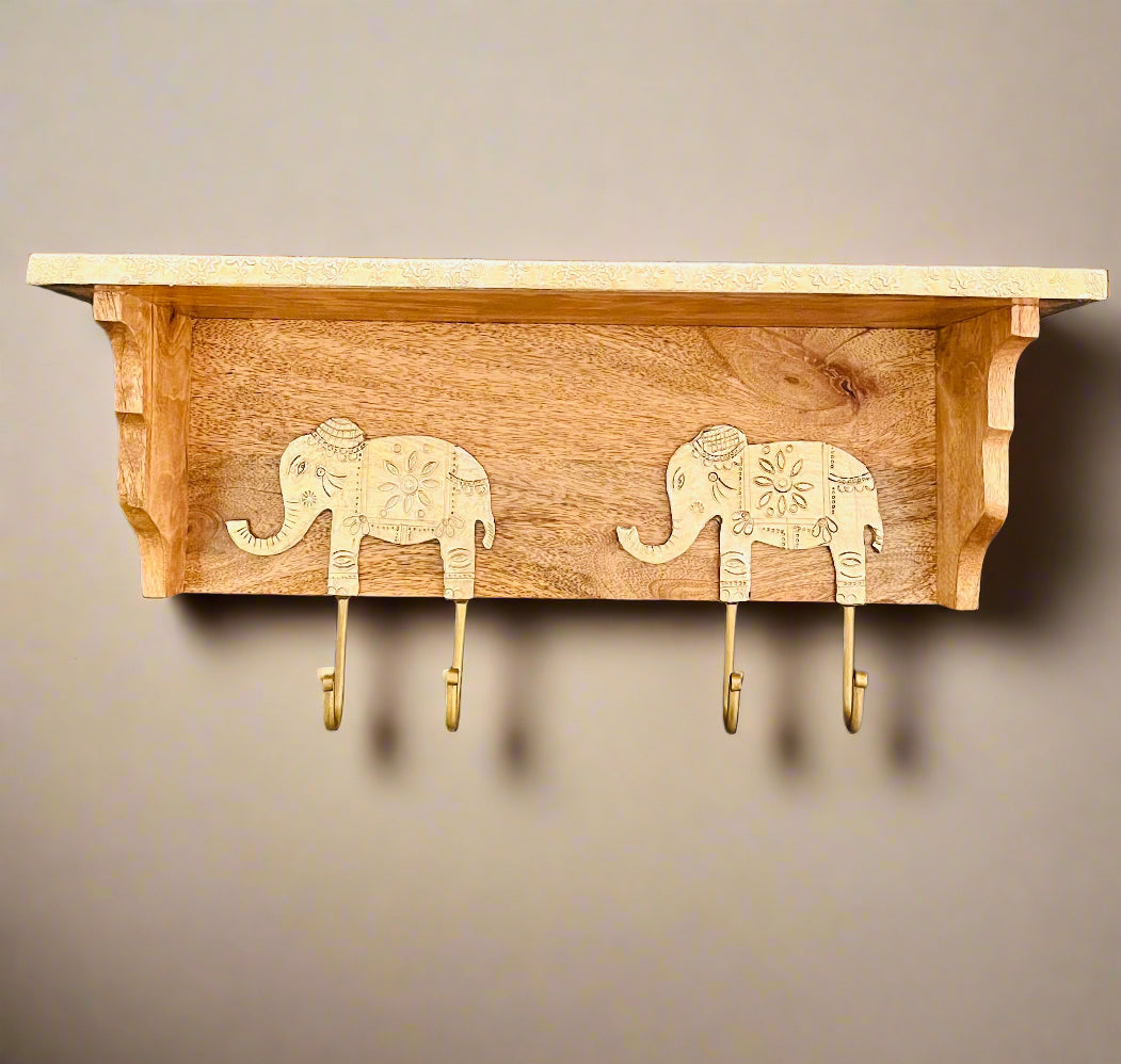 Elephant Carved Wooden & Brass Shelf