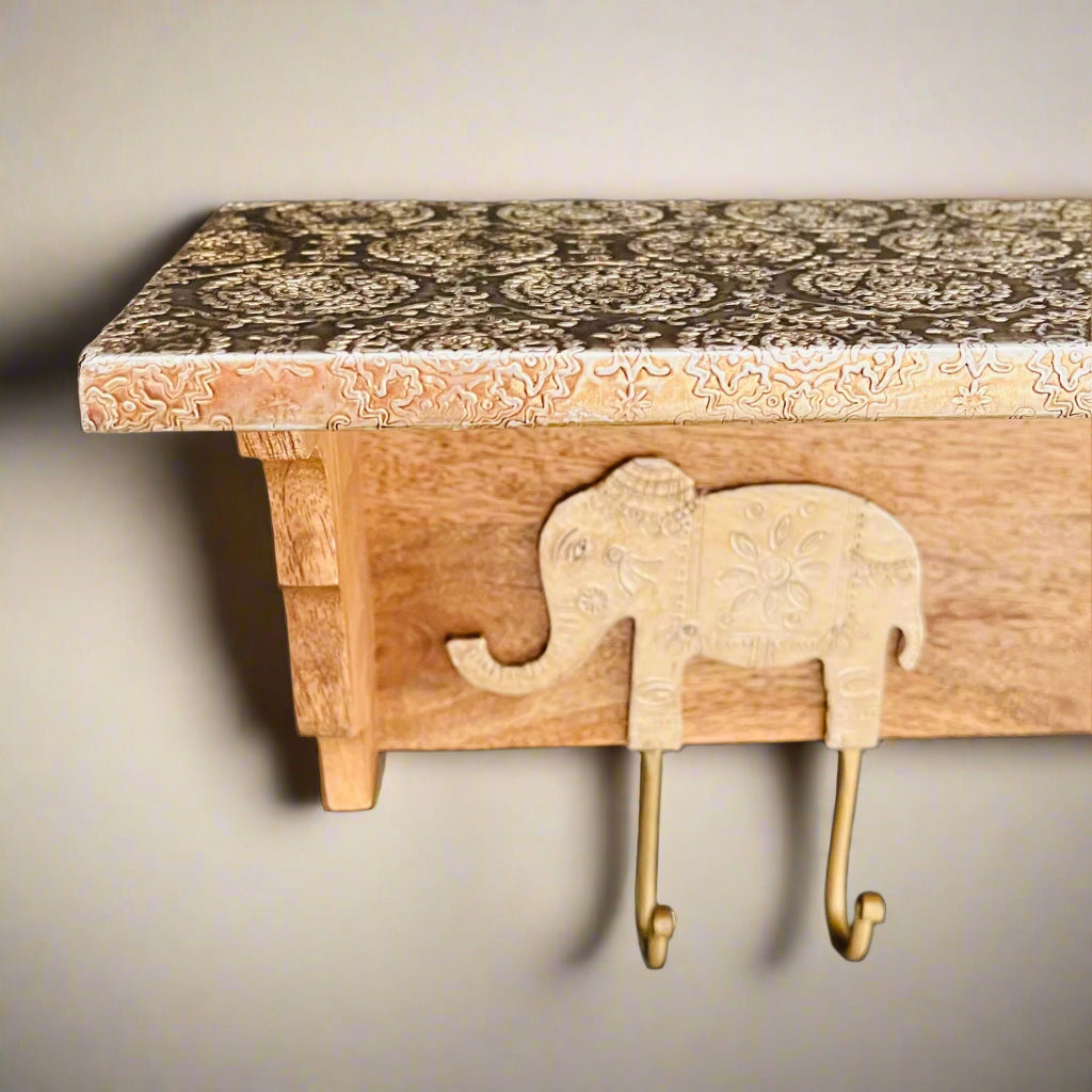 Elephant Carved Wooden & Brass Shelf